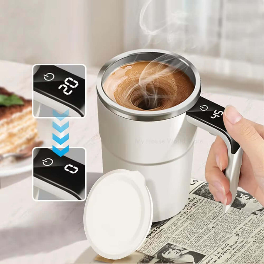 Automatic stirring coffee mug with liquid crystal screen, blending beverage effortlessly.