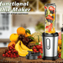 Multifunctional smoothie maker with fresh fruits, showcasing healthy juice preparation and nutrition.