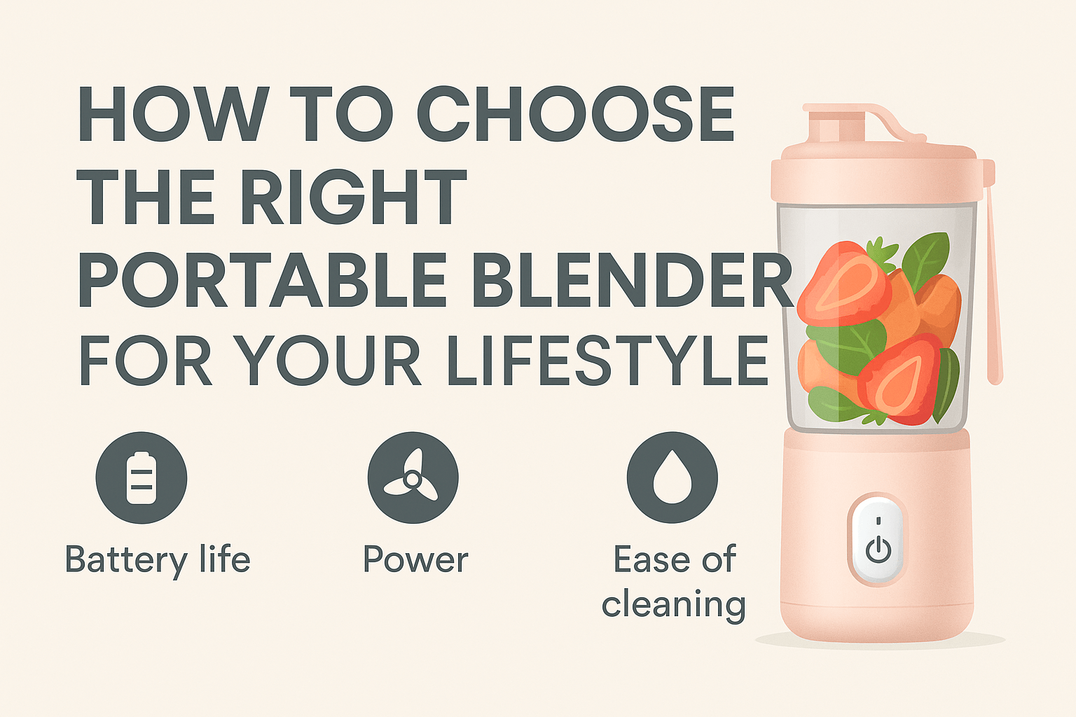 Infographic on choosing the right portable blender highlighting battery life, power, and ease of cleaning.