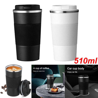 510ml leakproof insulated stainless steel travel coffee mugs in black and white, perfect for hot drinks on-the-go.