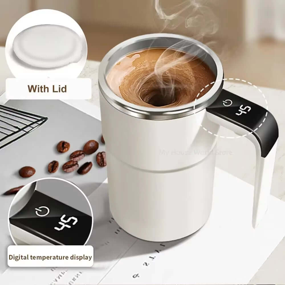 Automatic stirring coffee cup with lid and digital temperature display, perfect for blended beverages.