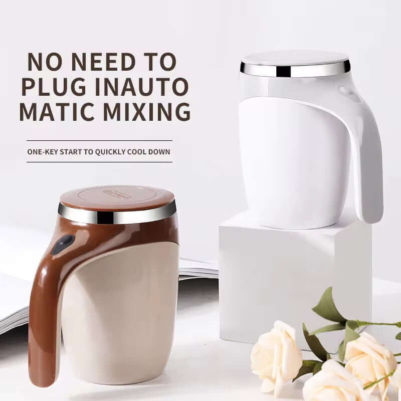 Automatic stirring mug in white and brown featuring one-key mixing for easy use without plugging in.