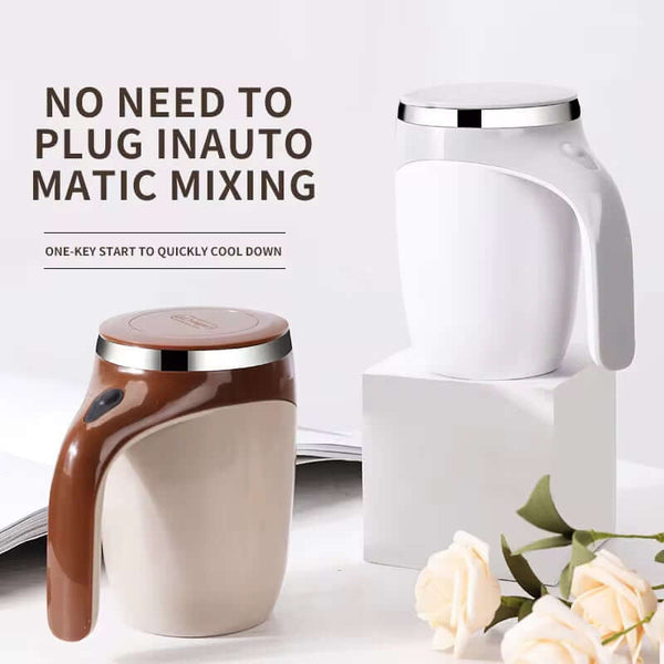 Automatic stirring mug in white and brown featuring one-key mixing for easy use without plugging in.
