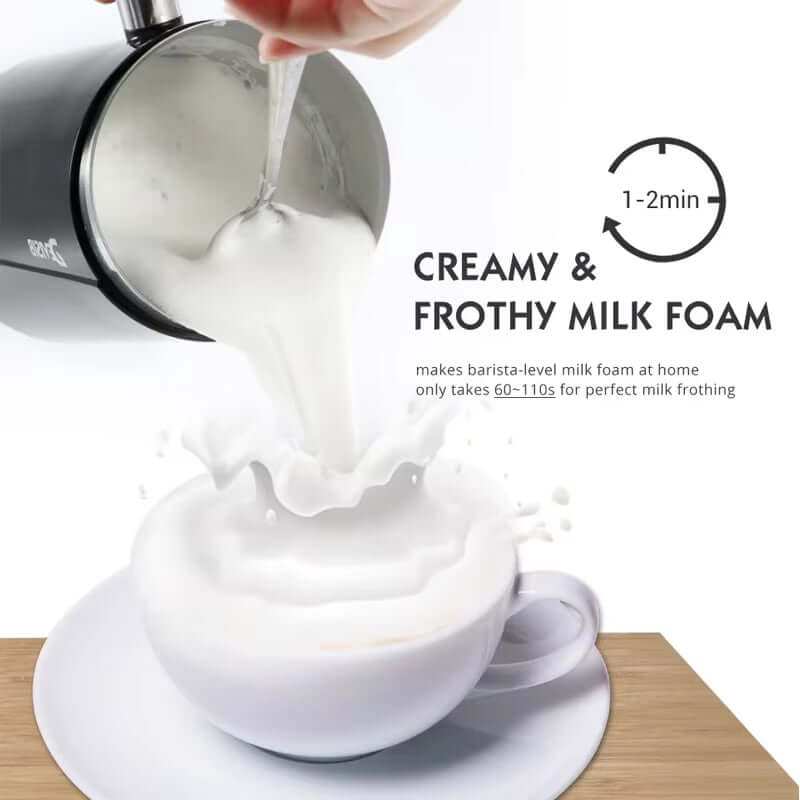 Creamy and frothy milk foam being poured into a cup, perfect for creating barista-level coffee at home.