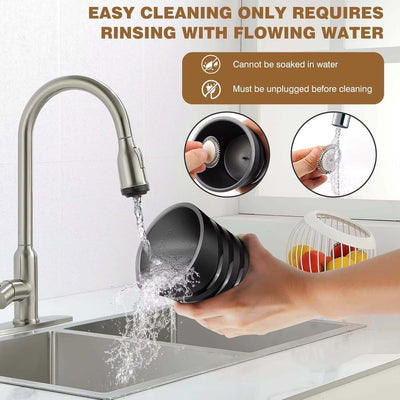 Hands rinsing an electric milk frother under flowing water for easy cleaning.