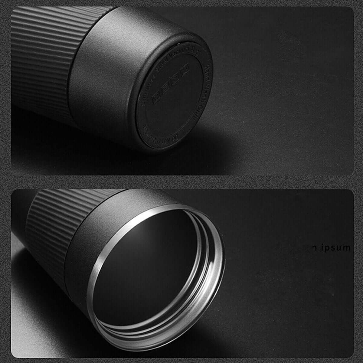 Close-up of the base and interior of a sleek black insulated stainless steel coffee mug, showcasing quality craftsmanship.