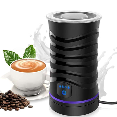Electric milk frother with auto shut-off, making creamy hot milk foam beside a cup of coffee and coffee beans.
