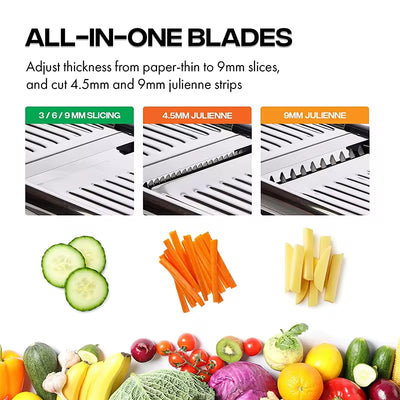 Adjustable mandoline slicer showcasing all-in-one blades for slicing and julienne cuts of vegetables.