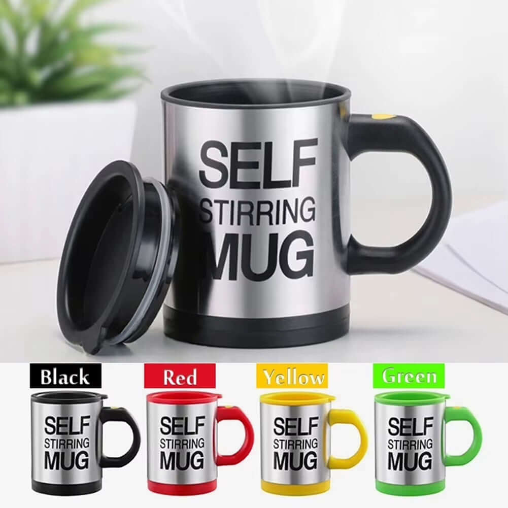 Self-stirring mug available in black, red, yellow, and green with lid and bold text, perfect for coffee or tea.