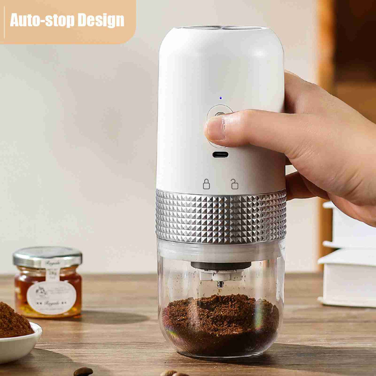 Coffee Grinder Adjustable Grinding Auto Stop USB Rechargeable Electric Coffee Bean Grinder for Household