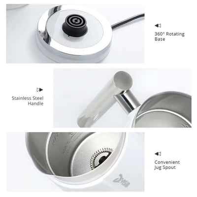 Features of DEVSIB Warm & Cold Foam Maker: rotating base, stainless steel handle, and convenient jug spout.