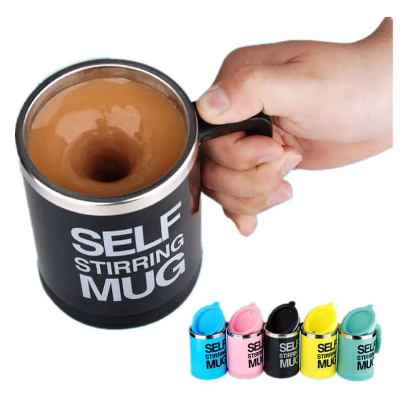 Automatic electric self-stirring mug cup with coffee, featuring a smooth fluid mixing design and multiple color options.