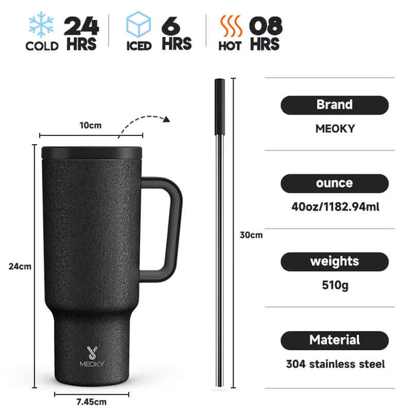 Meoky 40oz stainless steel tumbler with handle and straw, portable vacuum insulation, multiple prints, ideal for coffee and gifts.