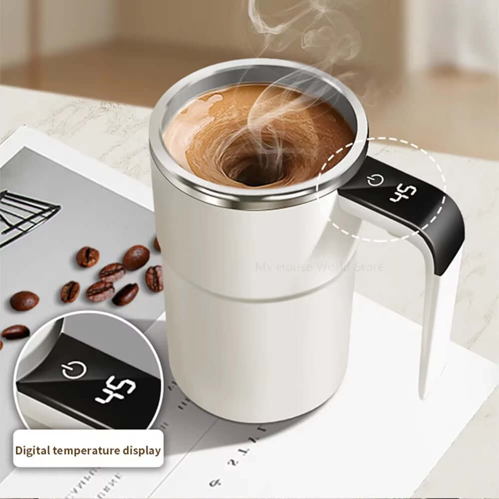 Automatic stirring cup with digital temperature display and steaming beverage, perfect for effortless mixing.
