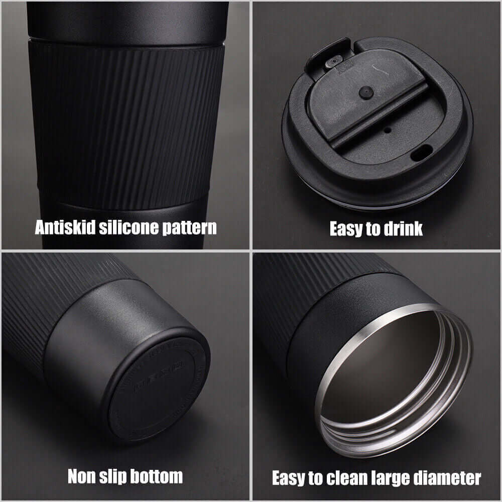 Collage of 510ml insulated stainless steel mug features: antiskid silicone grip, non-slip bottom, easy-drink lid, and wide opening.
