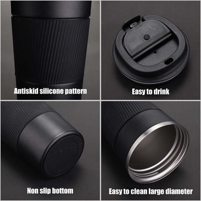 Collage of 510ml insulated stainless steel mug features: antiskid silicone grip, non-slip bottom, easy-drink lid, and wide opening.