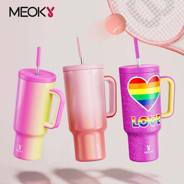 40oz Meoky tumbler set with handle and straw, featuring multiple colorful prints and designs perfect for drinks on the go.