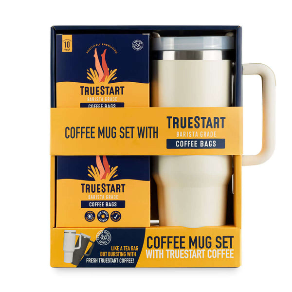 TrueStart Coffee Travel Mug Set with coffee bags, ideal for adventures, workouts, and road trips.