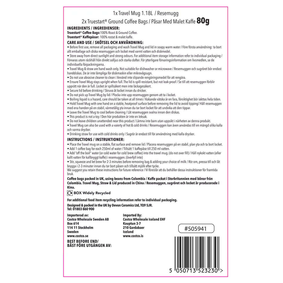 Back of TrueStart Coffee Travel Mug packaging with product details, ingredients, and care instructions.