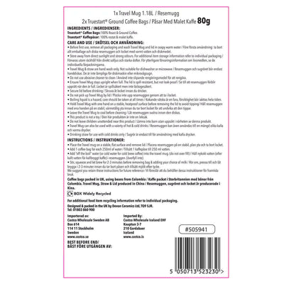 Back of TrueStart Coffee Travel Mug packaging with product details, ingredients, and care instructions.