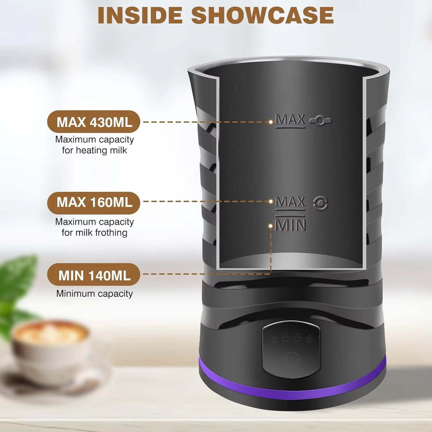 Inside showcase of electric milk frother showing max heating milk capacity 430ml and frothing capacity 160ml.