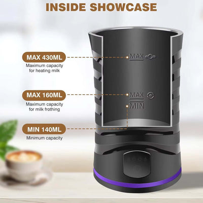 Inside showcase of electric milk frother showing max heating milk capacity 430ml and frothing capacity 160ml.