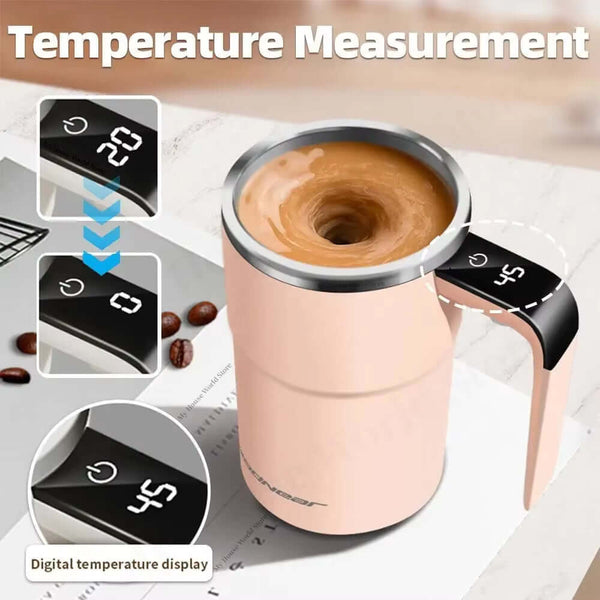 Automatic stirring cup with digital temperature display measuring coffee heat levels and blending beverages.