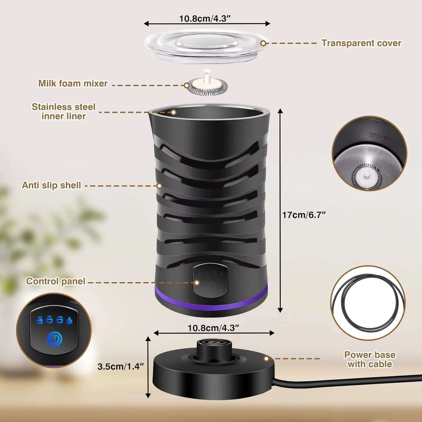 Diagram of Electric Milk Frother highlighting parts such as control panel, milk foam mixer, and transparent cover.