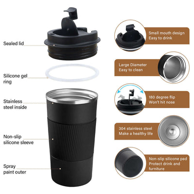 Features of a leak-proof insulated stainless steel travel mug: sealed lid, silicone sleeve, and easy-to-clean design.