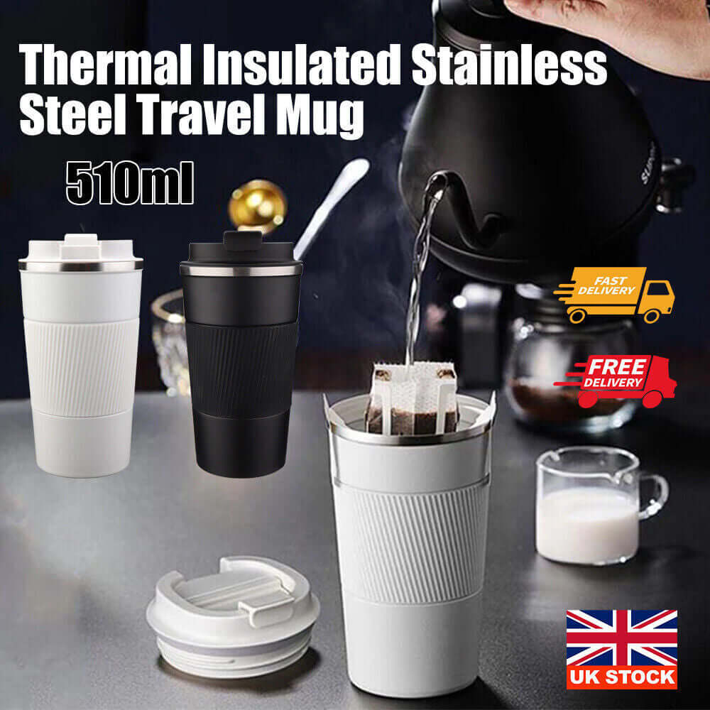 510ml thermal insulated stainless steel travel mug, leak-proof design, stylish and reusable for hot drinks.