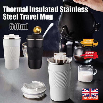 510ml thermal insulated stainless steel travel mug, leak-proof design, stylish and reusable for hot drinks.