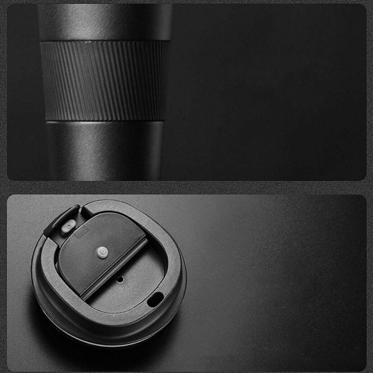 Close-up of a sleek black insulated coffee mug and its leak-proof lid, showcasing modern design and functionality.