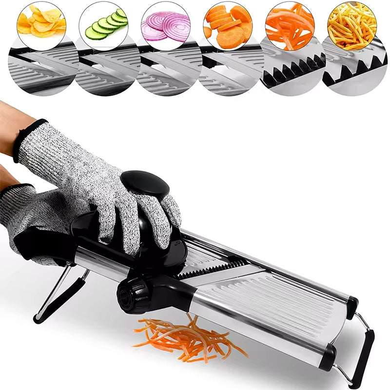 Adjustable stainless steel mandoline slicer in action with gloves, slicing vegetables for perfect cuts.