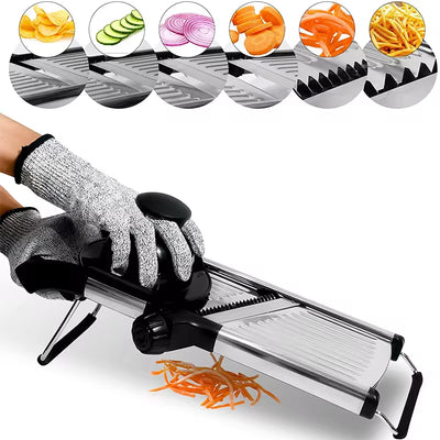 Adjustable stainless steel mandoline slicer in action with gloves, slicing vegetables for perfect cuts.