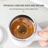 Close-up of a coffee mug showing swirling coffee, demonstrating physical cooling from 85°C to 55°C.