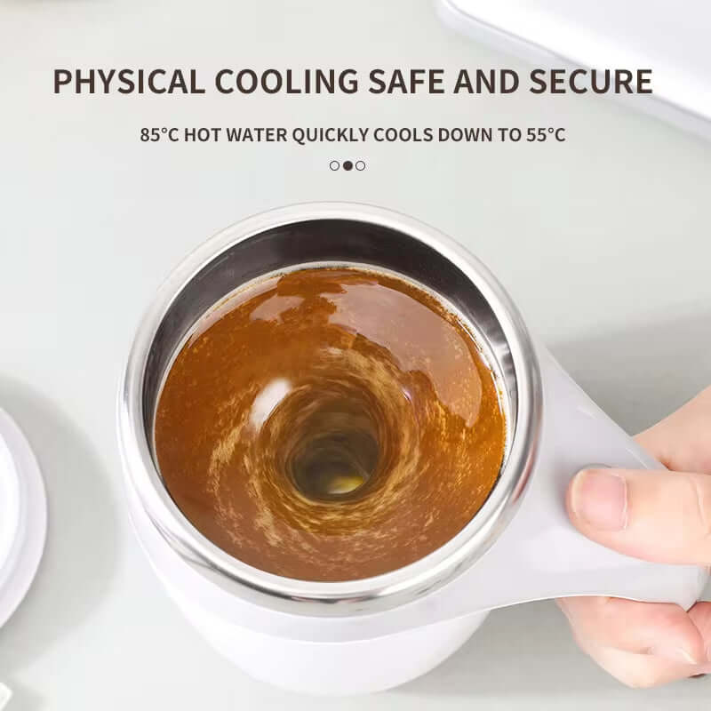Close-up of a coffee mug showing swirling coffee, demonstrating physical cooling from 85°C to 55°C.