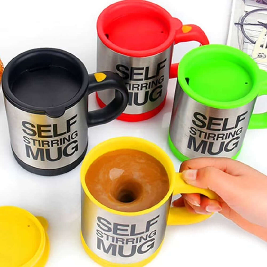 Self-stirring mugs in various colors, featuring a fluid mixing design for drinks like coffee and tea.