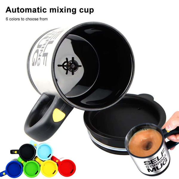 Automatic self-stirring mug with multiple color options, ideal for effortless mixing of beverages.
