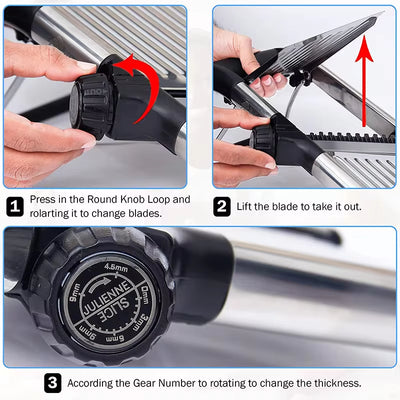 Instructions for using the Adjustable Stainless Steel Mandoline Slicer, demonstrating knob adjustments and blade lifting.