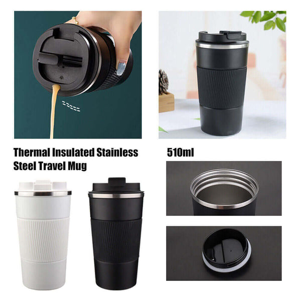 510ml insulated stainless steel travel mug, leakproof lid, perfect for coffee, tea, and hot drinks.