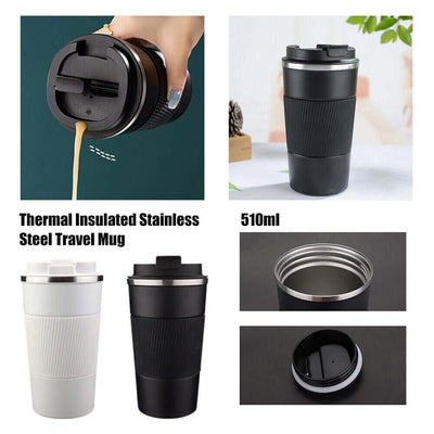 510ml leakproof insulated stainless steel travel mug with screw lid for hot drinks and coffee.
