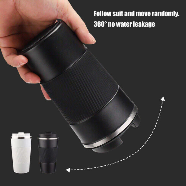 Hand holding a black 510ml insulated travel mug, showcasing its sleek design and 360° leak-proof feature.