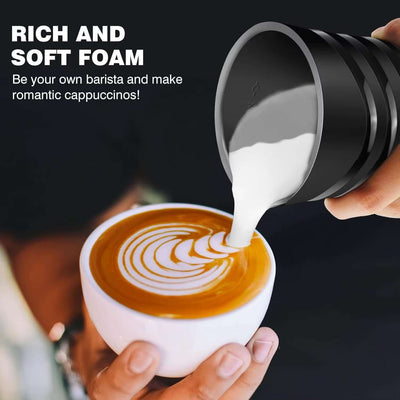 Rich and soft milk foam poured into a cappuccino for barista-style drinks at home.