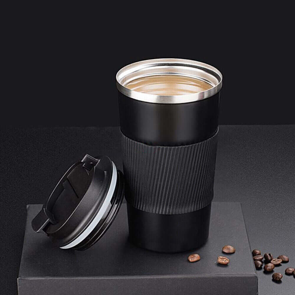 510ml stainless steel insulated travel coffee mug with leak-proof lid and sleek black design.