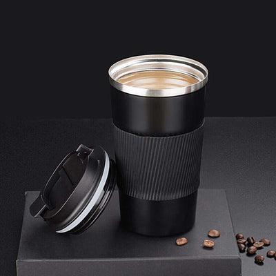 510ml stainless steel insulated travel coffee mug with leak-proof lid and sleek black design.