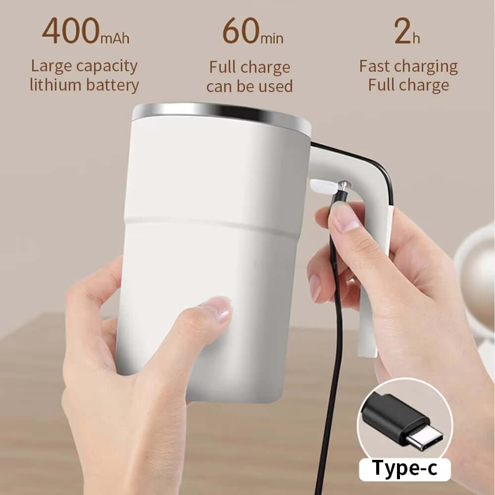 Hands holding a white automatic stirring cup with lithium battery specifications and charging details.