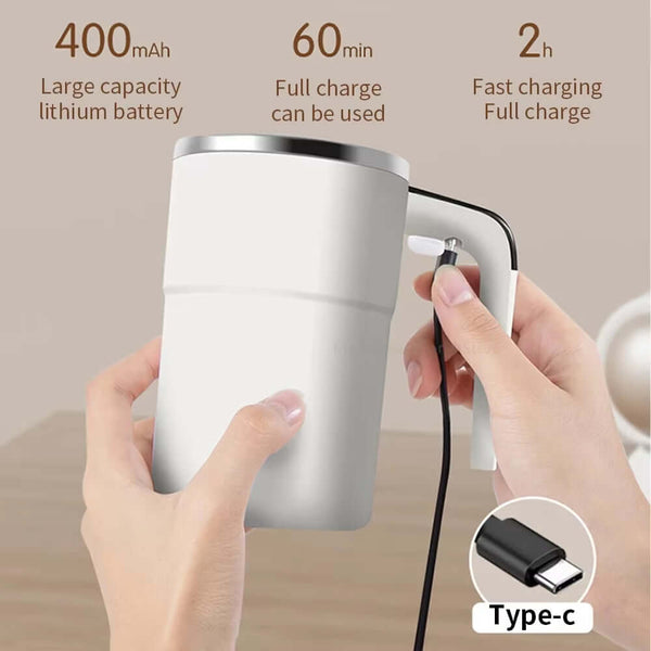 Hands holding a white automatic stirring cup with lithium battery specifications and charging details.