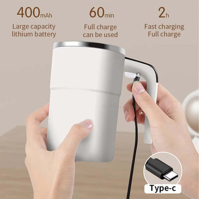 Stainless Steel Magnetic Stirring Mug showcasing a 400mAh battery and Type-C charging for quick and efficient mixing.