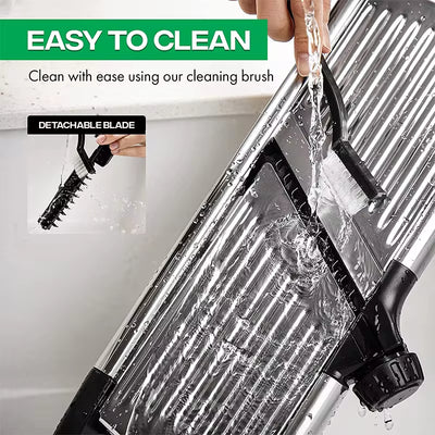 Easy to clean Adjustable Stainless Steel Mandoline Slicer with detachable blade and cleaning brush.