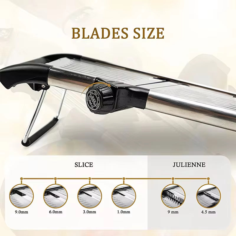 Adjustable stainless steel mandoline slicer showcasing various blade sizes for slicing and julienne cutting.